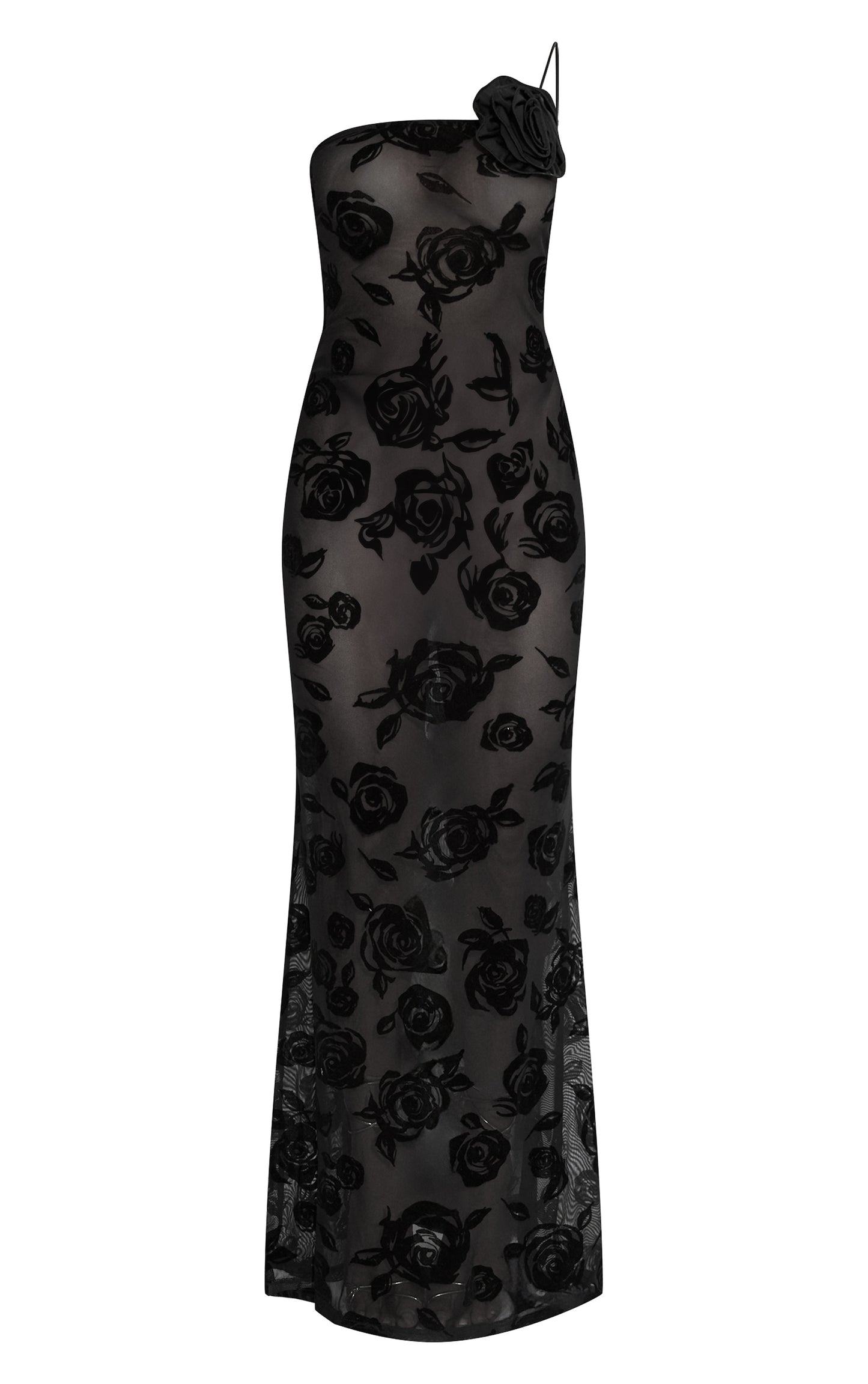 Black Floral Mesh One Shoulder Maxi Dress