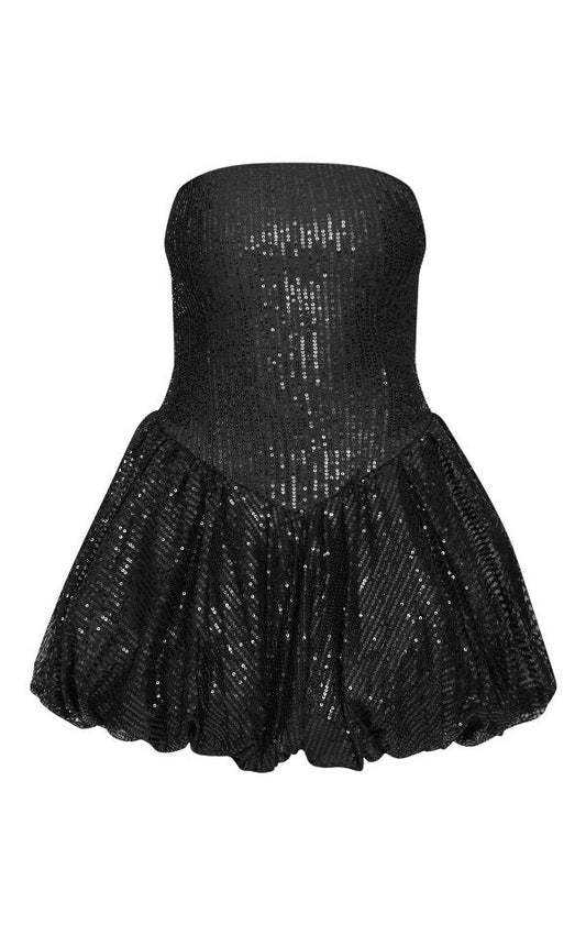 Black Sequin Bandeau Mini Puffball Dress